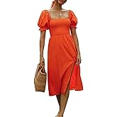 R.Vivimos Summer Dress for Women Cotton Plaid Puff Sleeves Casual Off-Shoulder Boho Side Slit Midi Dress