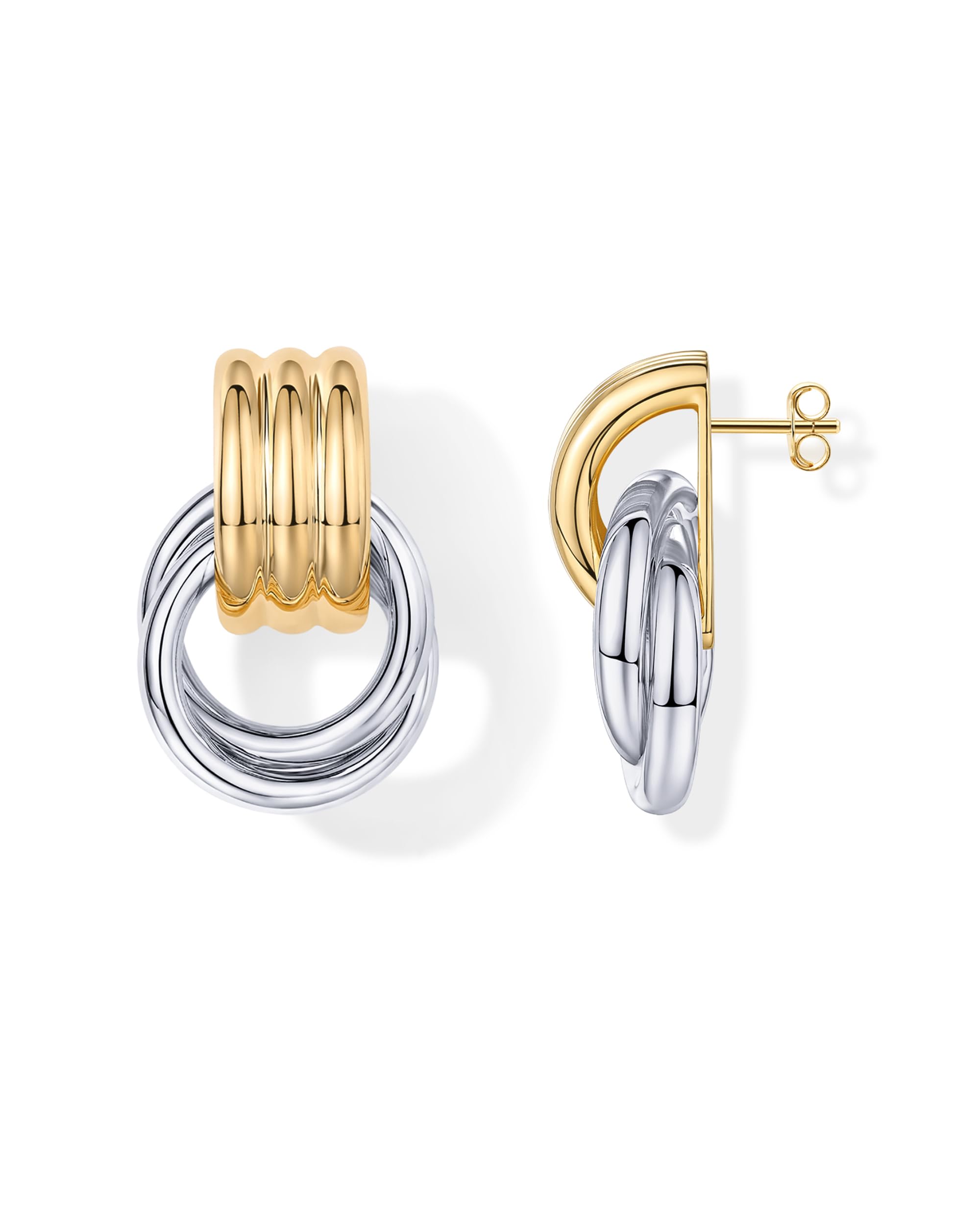 Photo 1 of PAVOI 14K Gold Plated Two-Toned Trendy Chunky Geometric Dangle Earrings for Women | Mixed-Metals White & Yellow Gold Statement Earring Pair