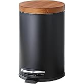SunnyPoint Elite Bamboo Lid 4.5 Liter / 1.2 Gallon Round Trash Can with Plastic Inner Bucket; Bathroom, Office, Kitchen and Bedroom Step On and Slow Close (Black)