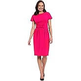 London Times Women's Short Sleeve Round Neck Sheath Bow Belt-Professional Work Dresses