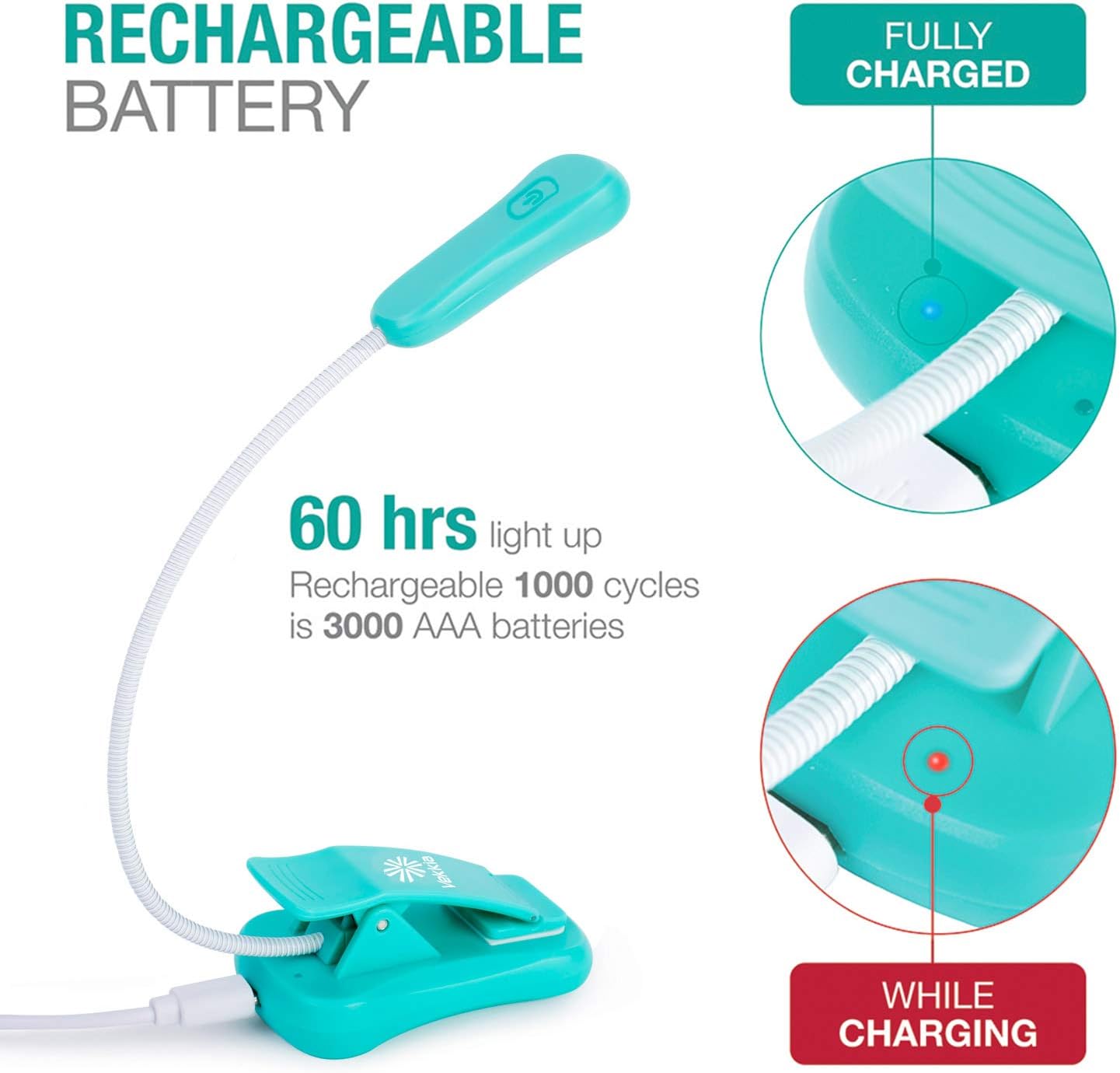 Vekkia/LuminoLite Rechargeable Book Light, Reading Lights for Reading in Bed. Up to 60 Hours Lighting. Perfect for Bookworms, Kids & Travel. (Turquoise) - - 