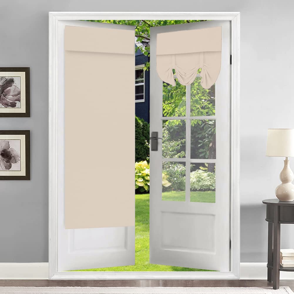 WingFly Blackout Door Curtains Sticker Privacy French Door Curtains 26x68 Inch Room Darkening Curtains for Glass Door Thermal Insulated Tie Up Shades Window Curtains Beige 2PC