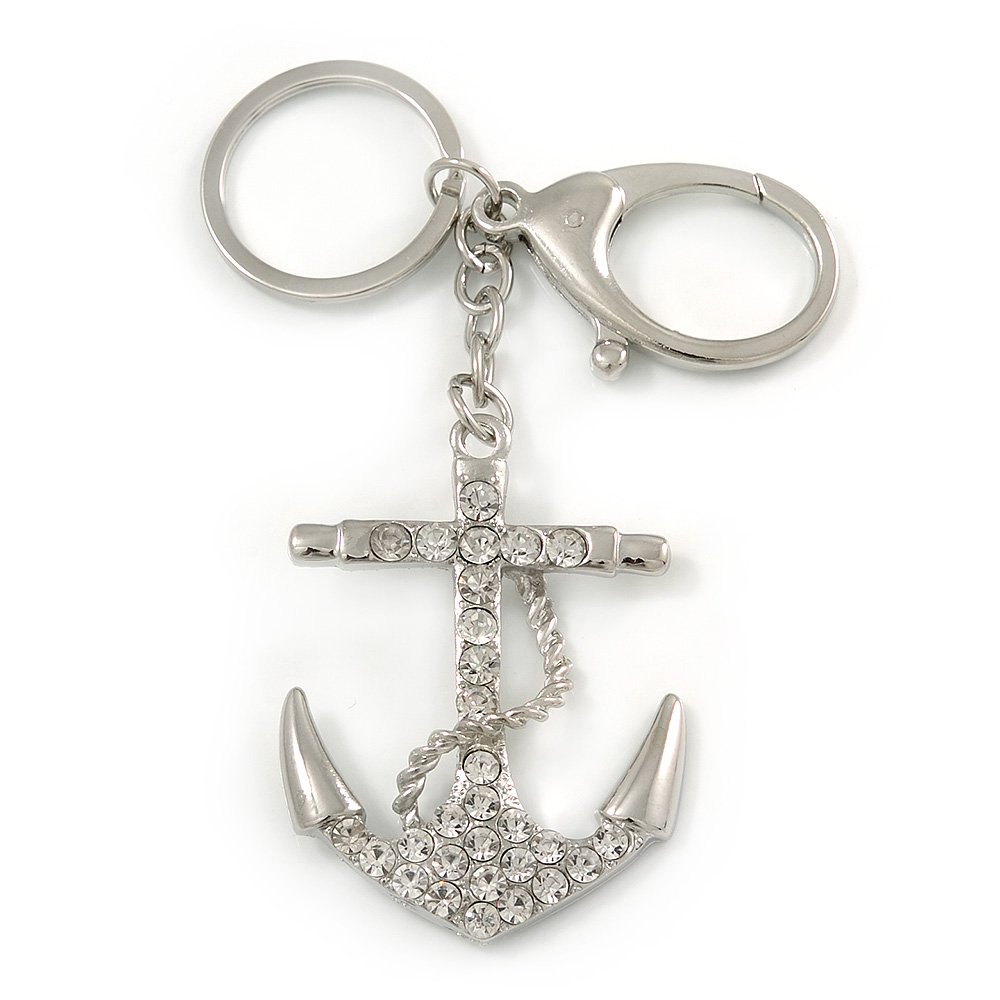 Avalaya Clear Crystal Anchor Keyring/Bag Charm In Silver Tone - 14cm L