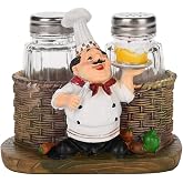 Fat Chef Salt &amp; Pepper Shaker Set with Holder | French Country Decor | Spice Organizer | Kitchen Figurine | Home &amp; Cafe | Gift Ready(#A)