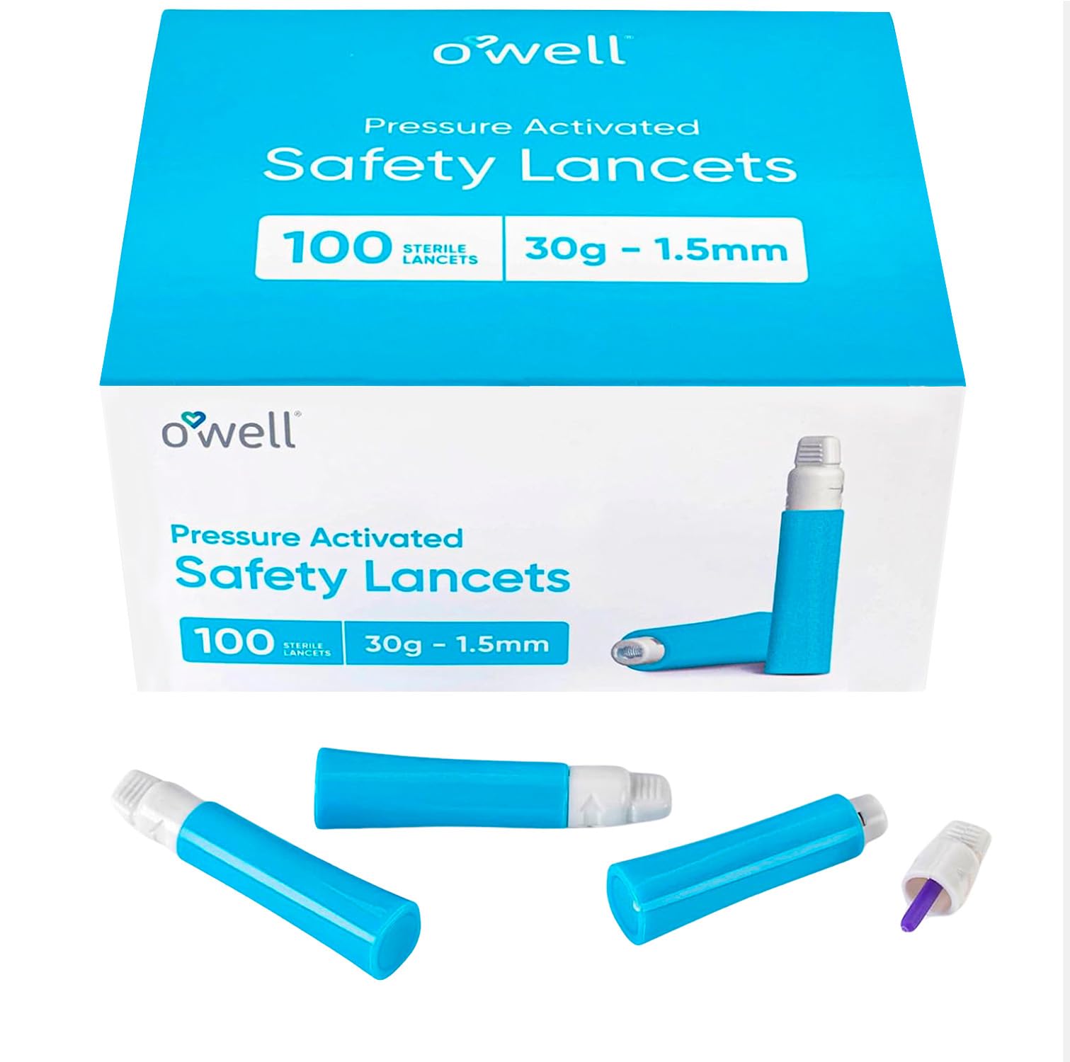 OWELL® Safety Lancets 30G x 1.5mm – 100 Count | Ultra-Fine Tip for Sensitive Skin | Sterile, Preloaded, Medical-Grade, Pressure Activated Lancets for Diabetic Testing
