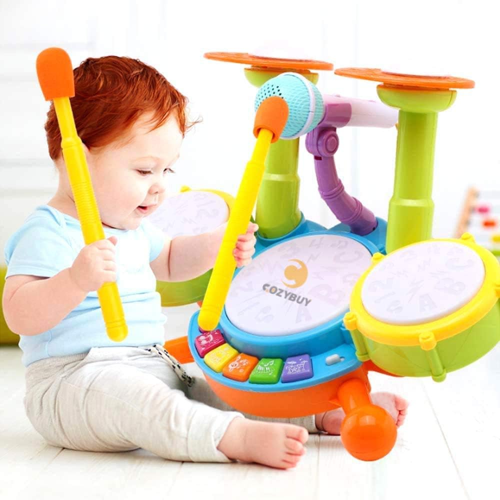 Cozybuy Kids Drum Set, Electronic Musical Instruments Toddlers Toys with 2 Drum Sticks, Beats Flash Light and Adjustable Microphone, Birthday Gift for 1-12 Years Old Boys and Girls: Toys & Games
