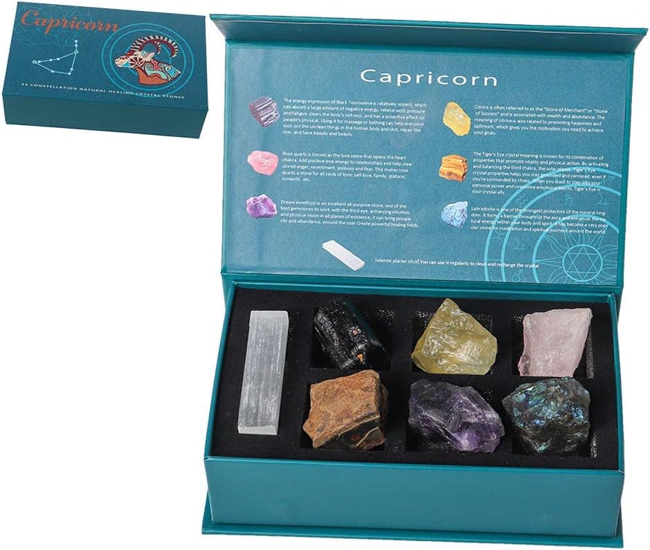 Indoor Fountains & Accessories - Runyangshi 12 Constellation Healing Crystals - Capricorn - 1.2lb 100% Natural Quartz Stone Set Chakra Astrology Zodiac Signs Gift