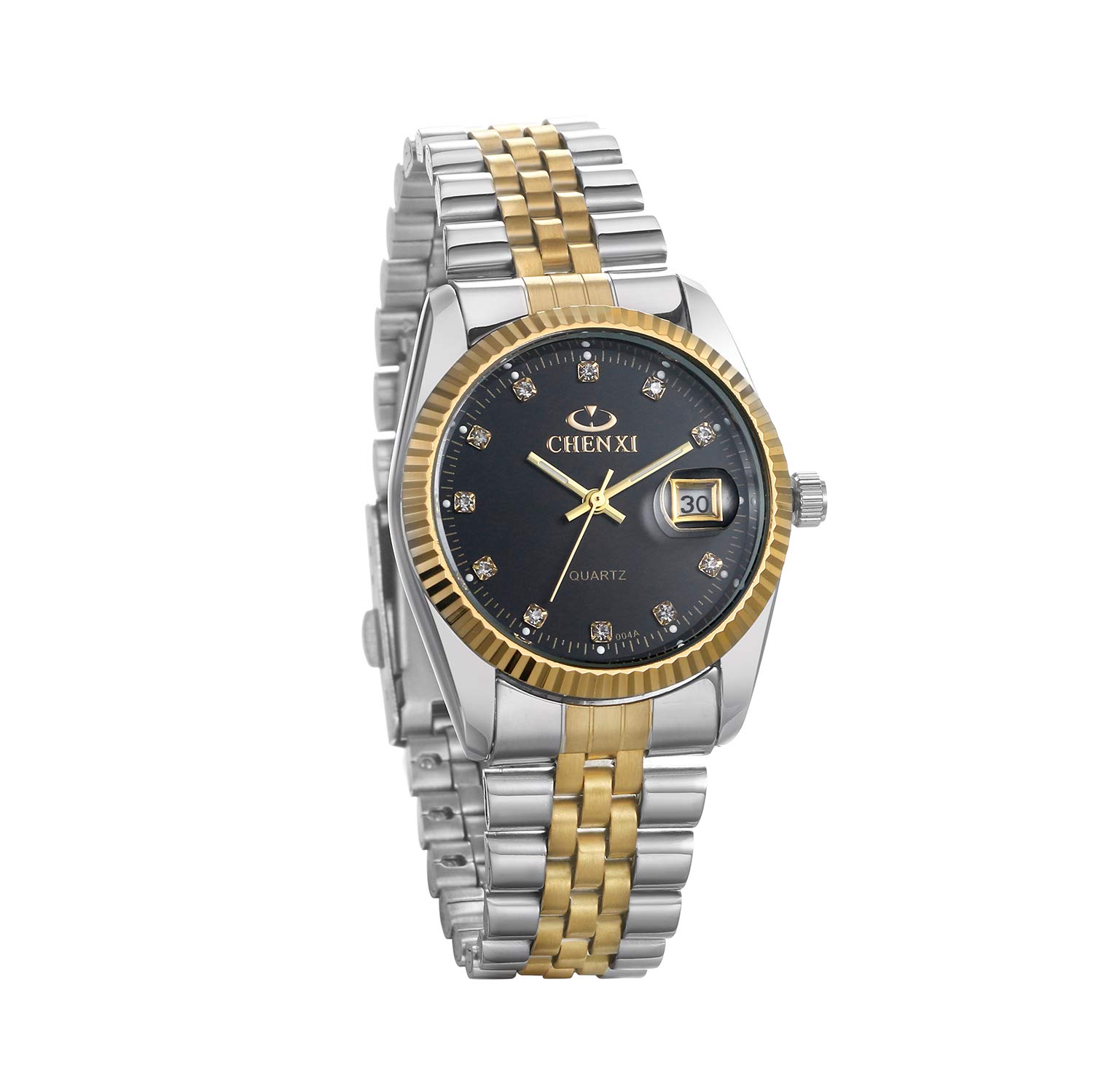 JewelryWe His and Her Matching Couple Watches Gold-Silver Tone Quartz Calendar Watch,Men's Black