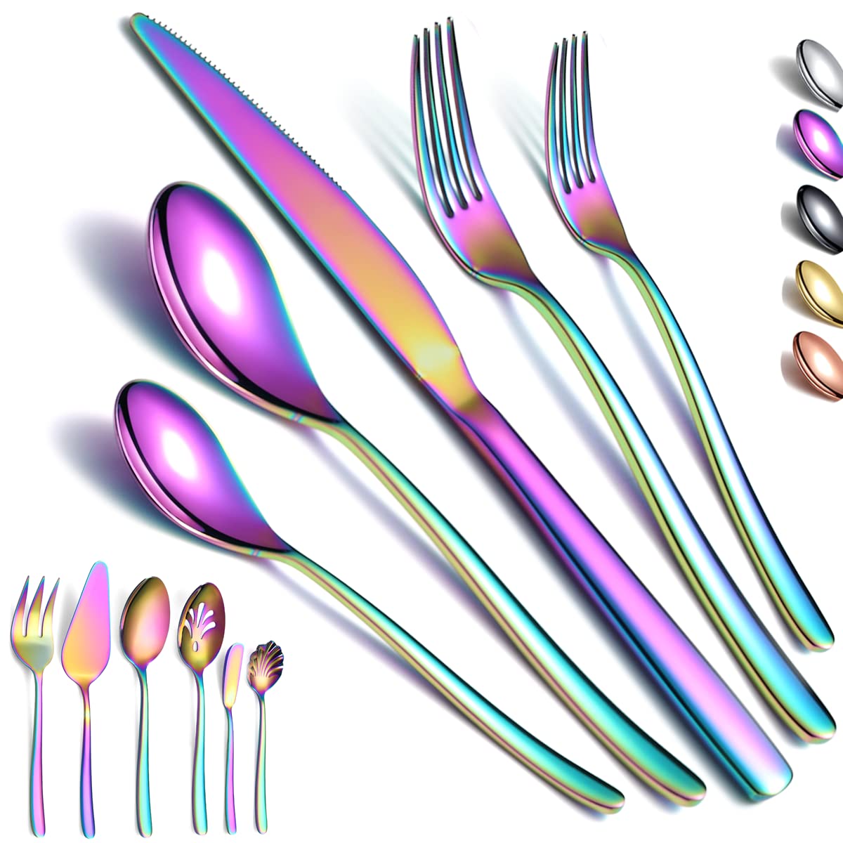 Rainbow Silverware Set 46 Piece, Stainless Steel Flatware Set, Cutlery With Cake Server, Serving Spoon, Slotted Serving Fork, Sugar Spoon, Butter Knife (Shiny Rainbow) Image