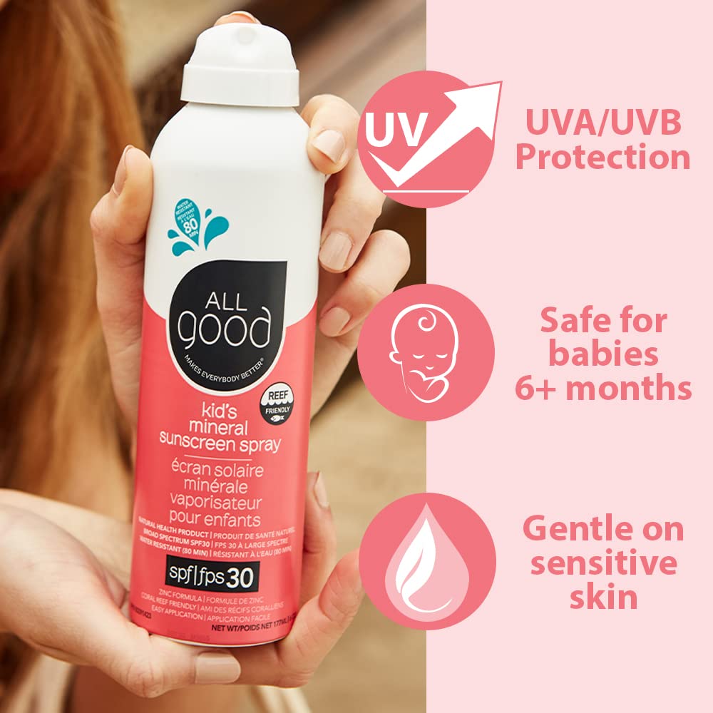All Good Baby & Kids Sunscreen Spray - UVA/UVB Broad Spectrum, SPF 30, Zinc Oxide, Coral Reef Friendly, Water Resistant, Calendula, Aloe (6 oz)(2-Pack)