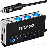 OOWOLF 7 in 1 180W Quick Charge 3.0 Cigarette Lighter Adapter, with Cigarette Lighter Function, for 12V-24V Car, 3-Socket Spl