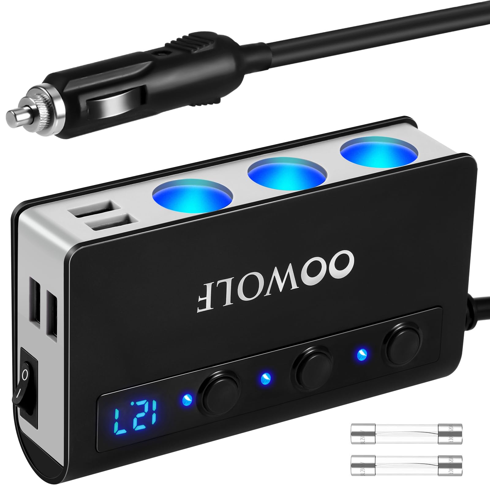 Photo 1 of OOWOLF 7 in 1 Cigarette Lighter Splitter with Cigar Jack, Quick Charge 3.0 180W 12V/24V 3-Socket Splitter, 4 USB Ports Car Power Adapter Car Splitter, Independent Switches, LED Voltmeter, 2.3FT Cable