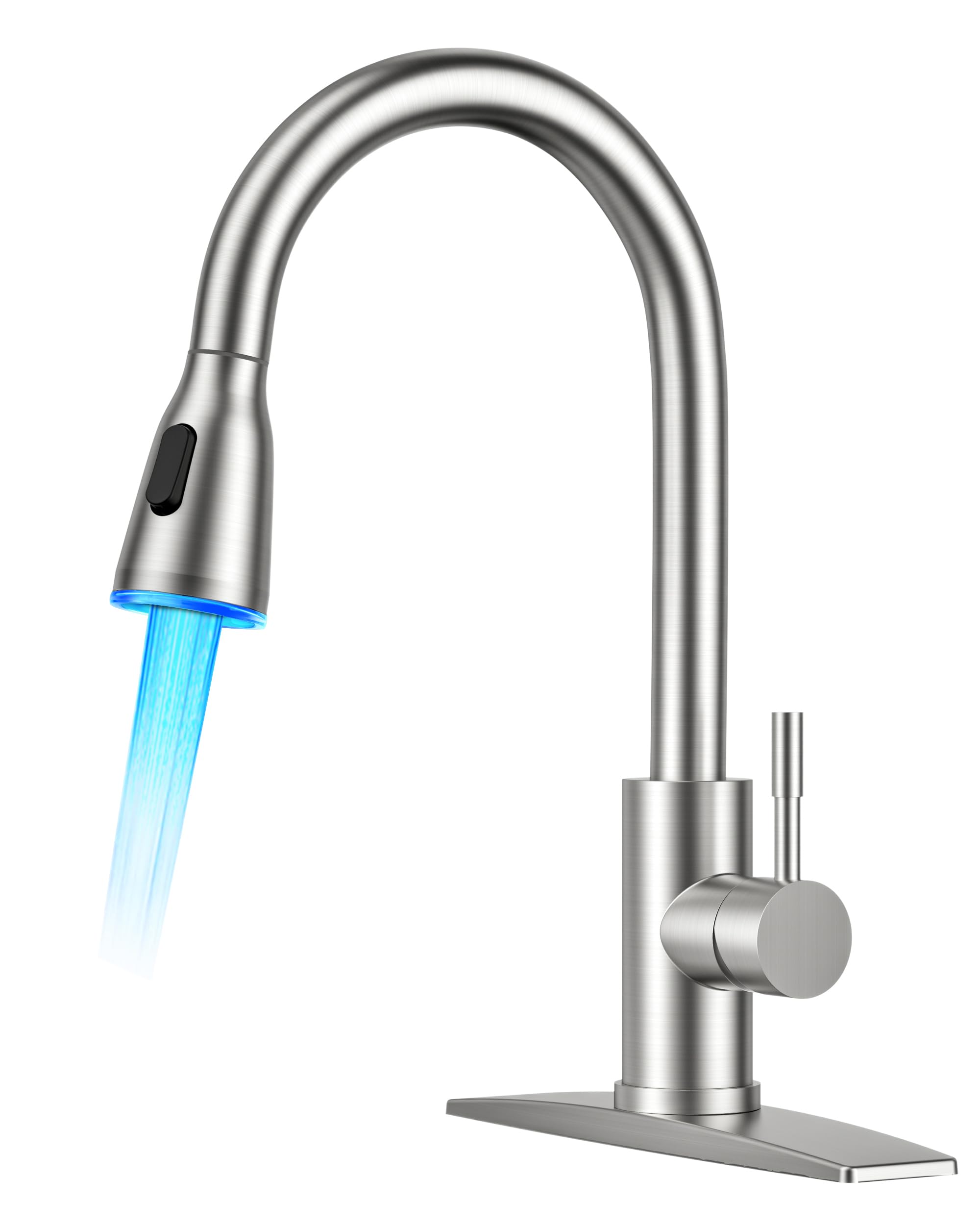 FORIOUS LED Kitchen Faucet with Pull Down Sprayer, Brushed Nicke Single Handle Stainless Steel Traditional Sink Faucets with LED Light Sprayer Head, Suitable for Farmhouse Laundry Camper Rv Bar