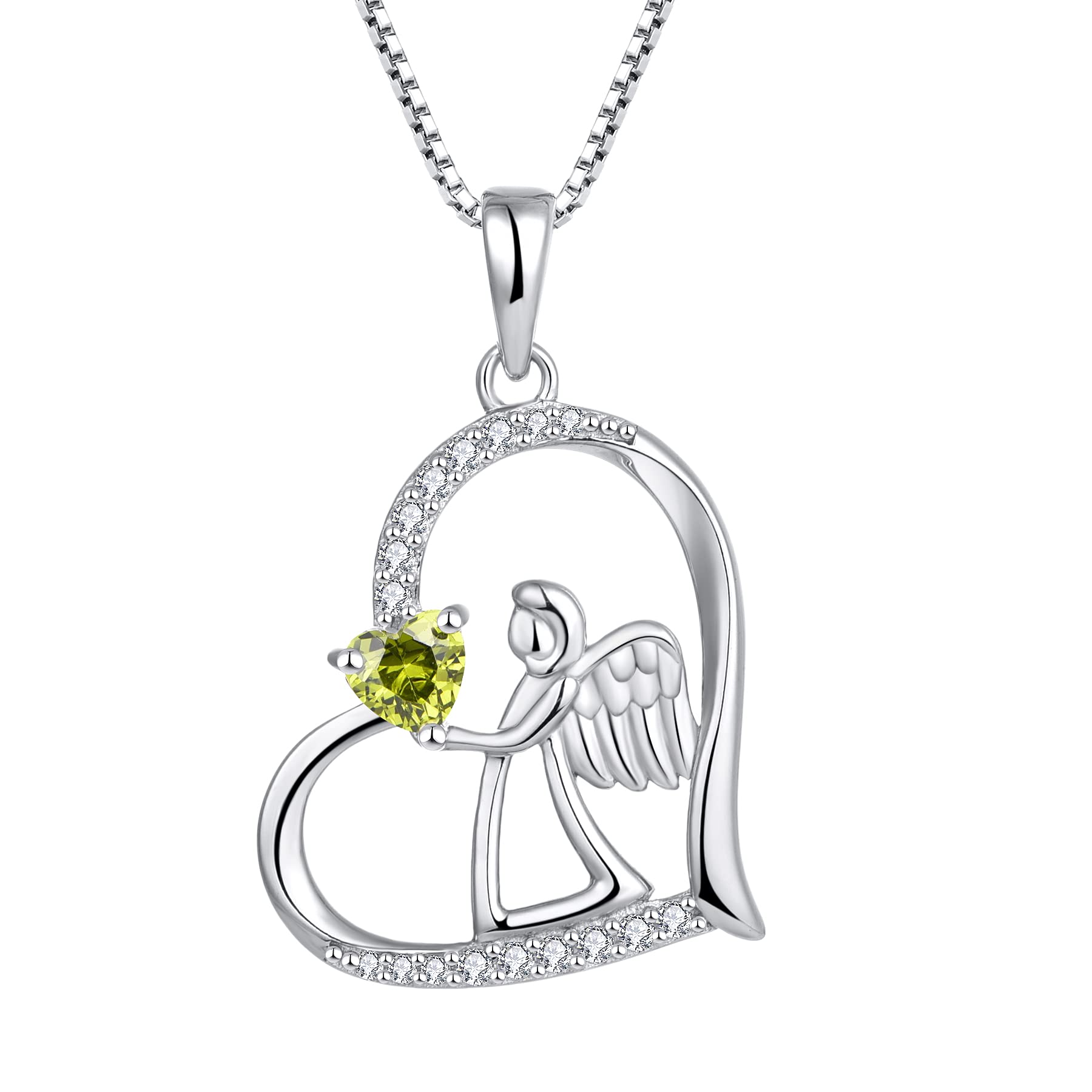 FJ Heart Guardian Angel Necklace 925 Sterling Silver Angel Wing Pendant Peridot Necklace August Birthstone Jewellery for Women
