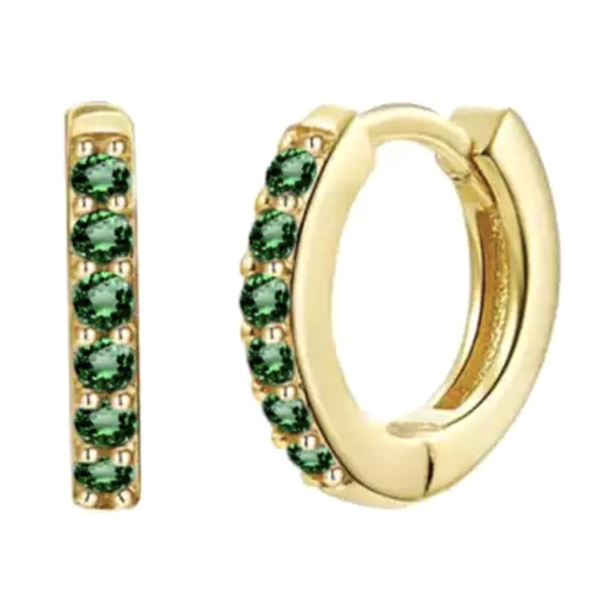 AT Jewellery - 14ct Gold Filled | 925 Sterling Silver Small Emerald Green Gemstone 11mm Sleeper Huggie Hoop Earrings