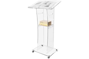 Acrtmatic Acrylic Clear Rolling Wheel Podium Stand, 47-inch Modern Lectern & Podium with Storage Shelf for Church, Speech，Classroom, Wedding, Concert. (23.6" L x 15.7" W x 47.2" H)…