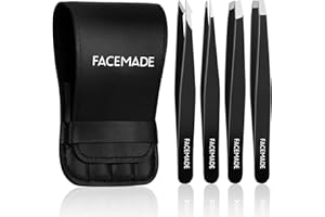 FACEMADE 4 Pack Tweezers Set - Professional Stainless Steel Tweezers for Men and Women, Precision Eyebrow Tweezers for Facial Hair, Chin, and Ingrown Hair Removal (Black)