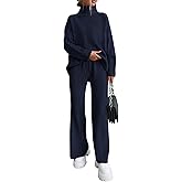 dowerme Women Spring 2 Piece Outfits 2026 Winter High Neck Sweater Sets Drawstring Wide Leg Pant Chunky Knit Lounge Set