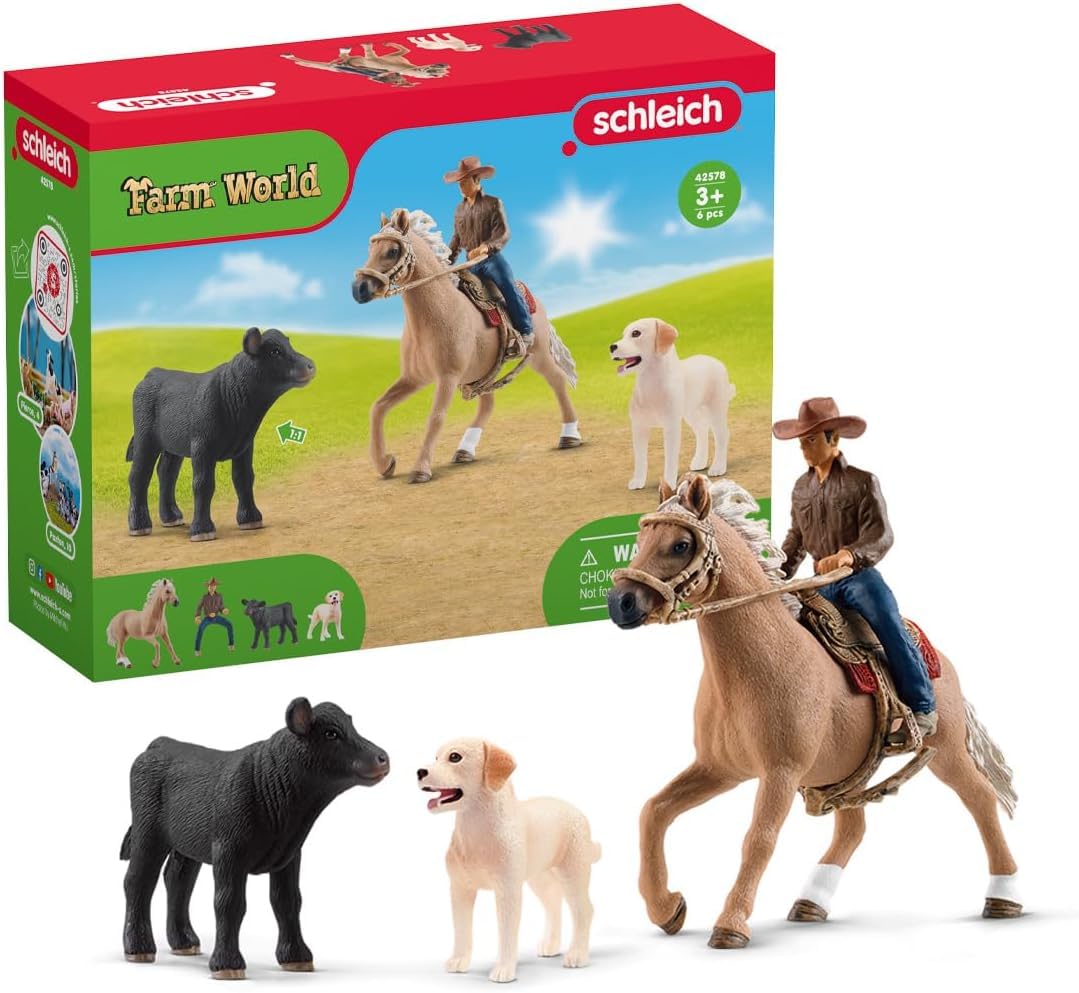 SCHLEICH Farm World - 6PC Rodeo Calf Adventure Playset - Cowboy Rider Figurine with Horse Figure, Cow and Dog - Realistic Western Rodeo Farm Toys and Accessories - Kids and Toddlers Ages 3+ | 42578