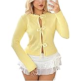 SweatyRocks Women's Tie Front Bow Cardigan Long Sleeve Casual Going Out Tops Yellow Small