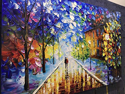 V-inspire Artï¼Œ 24x36 Inch Oil Paintings Modern Abstract Landscape Artwork Romantic Rainy Night Canvas Painting Wall Art Home Decorations Wall DÃ©cor Stretched Frame Ready to Hang