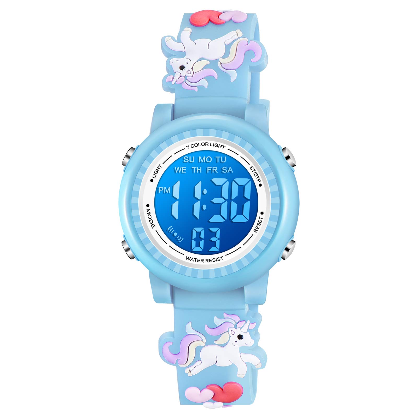 Venhoo Kids Watches 3D Cartoon Waterproof 7 Color Lights Toddler Wrist Digital Girls Watch with Alarm Stopwatch for 3-10 Year Girls Little Child-Blue