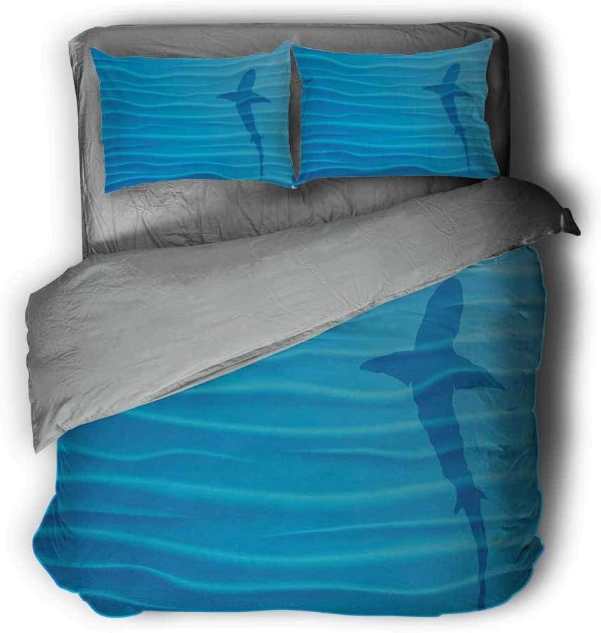 Miles Ralph Sea Animals King Bed Comforter Shark Silhouette in Water Waves Shadow Danger Summertime Marine Life Artwork Print Duvet Cover Pillowcase 104"x89" inch Blue