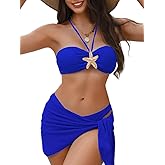 EHSUYAB Sexy Womens Starfish 3 Pcs Bikini, Halter Bandeau Swimsuit Cover Up Skirt, Bathing Suit Outfits Royal Blue Large