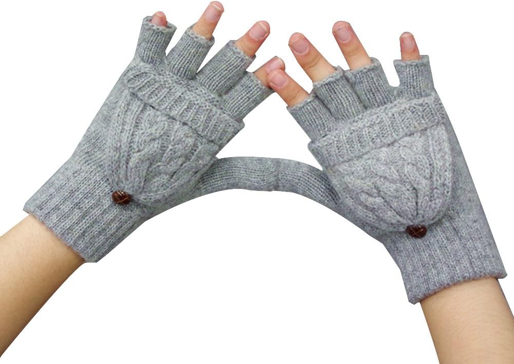 Eforstore Girl Women's Fingerless Gloves Winter Warm Half Finger Flip Knitted Mittens with Flap Best Xmas Gift