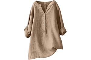 FAVIPT Linen Tops For Women Boho Summer 3/4 Sleeve Crewneck Blouses Tunics Loose Fit Plus Size Soft Tee Shirts 2024 Fashion