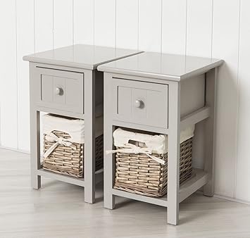 Home Furniture Pair Grey Shabby Chic Bedside Table Units Wicker