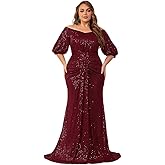Women's Plus Size Off Shoulder Puff Sleeve Sequin Formal Maxi Dress Evening Party Gowns