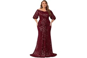 GIFFNISETI Women's Plus Size Off Shoulder Puff Sleeve Sequin Formal Maxi Dress Evening Party Gowns