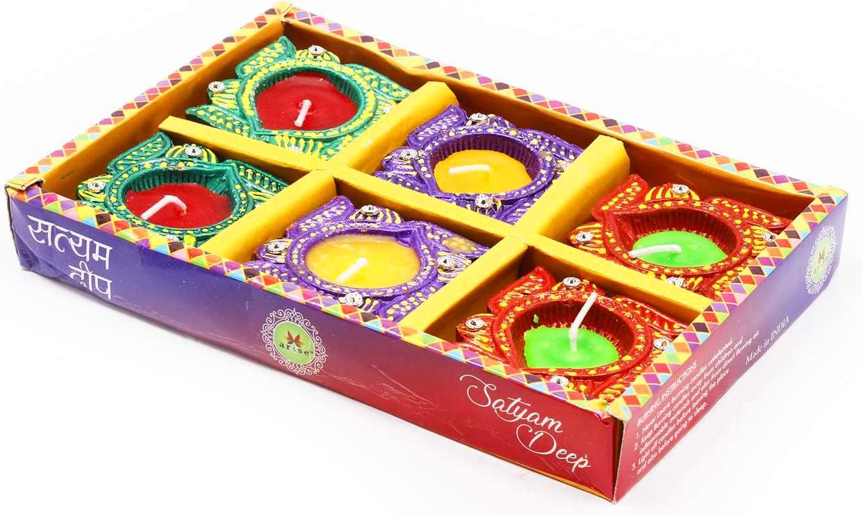 Oil Lamps & Accessories - Set of 6 Wax Diya Diwali Decoration Item Gift Terracotta Colorful Handmade Earthen Decorative Clay Diya Wax Lamp Diwali Gift Box Navratri Puja Festival Lighting