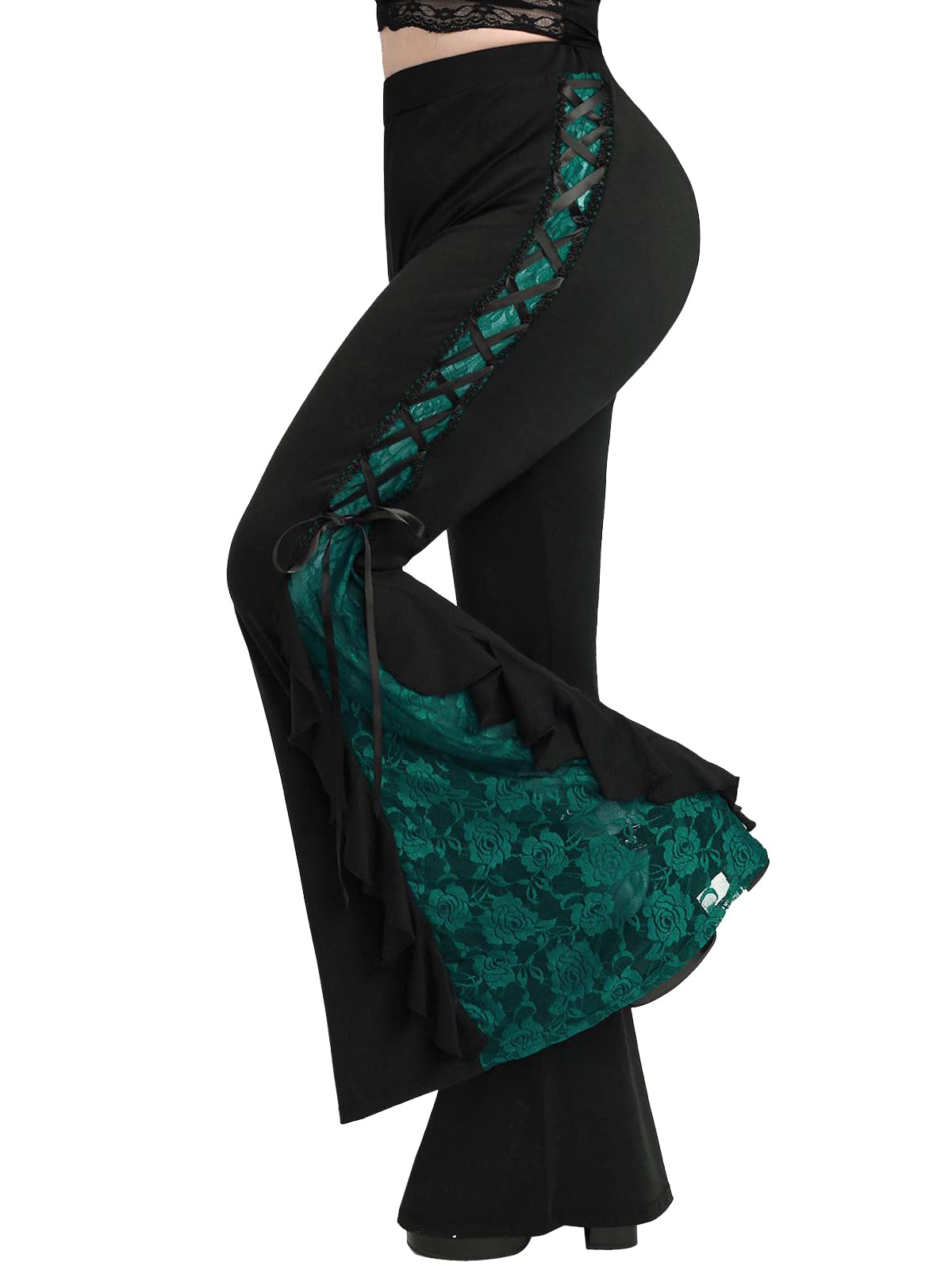 Photo 1 of ROSE GAL Rosegal Women Plus Size Bell Bottoms Gothic Flare Pants Rose Lace Panel Lace-up Pull On Flare Pants Romantic Gothic Pants(Green_1/L)LPNPMFN3004694