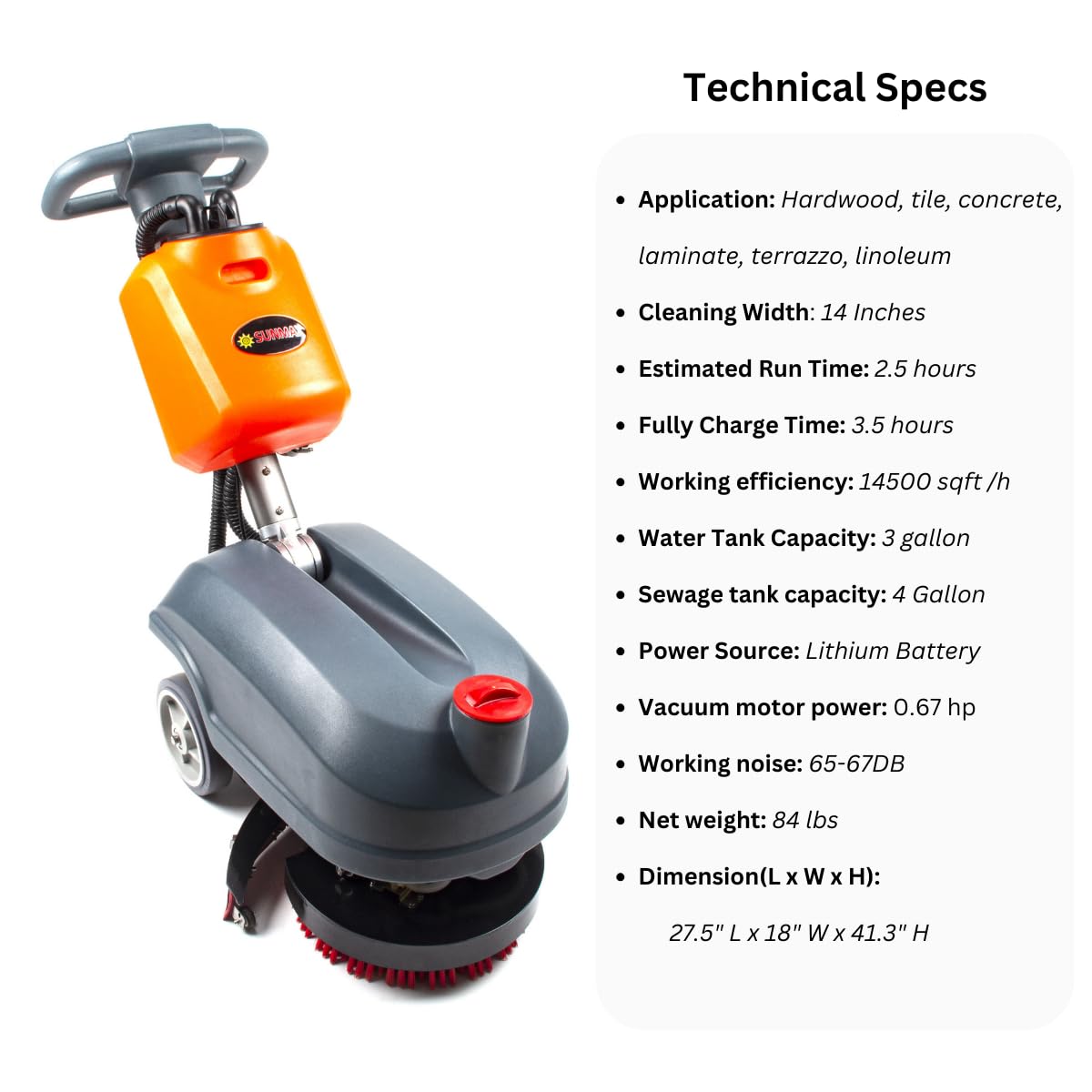 RT15+ 14“ Walk Behind Floor Scrubber Machine for Industrial Commercial Use, Lithium Battery Powered, Fast Charging Takes 3.5 Hours(RT15+)