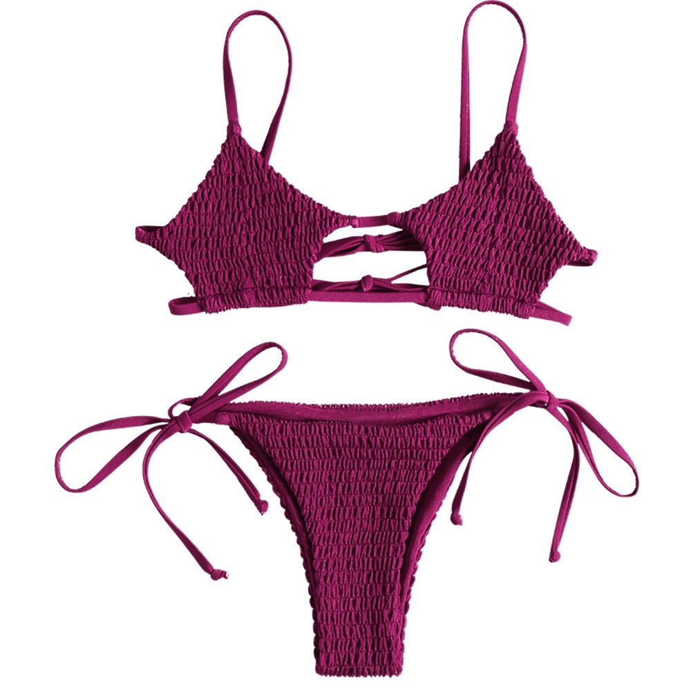 ZAFUL Women's Smocked Bikini Sexy Keyhole Shirred Spaghetti Strap Thong