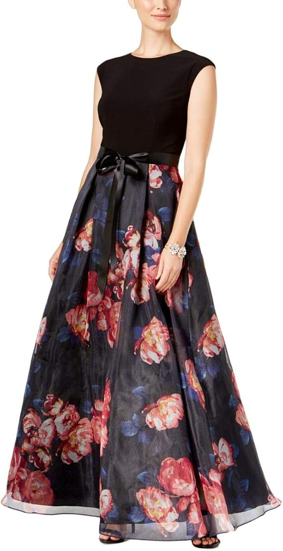 SL Fashions Womens Floral Print Layered Evening Dress Black