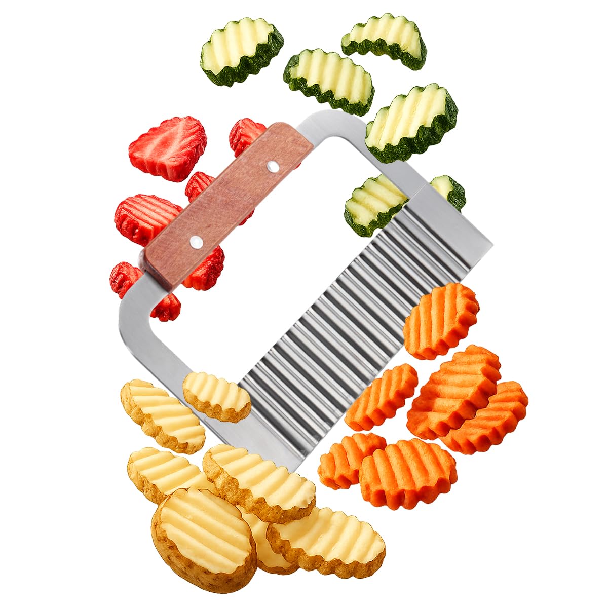 JJOnlineStore - Stainless Steel Wooden Handle Potato Chip Cutter, Vegetable Wavy Cutter, Cooking Hand Tool Crinkle Cutter, 18x12 cm