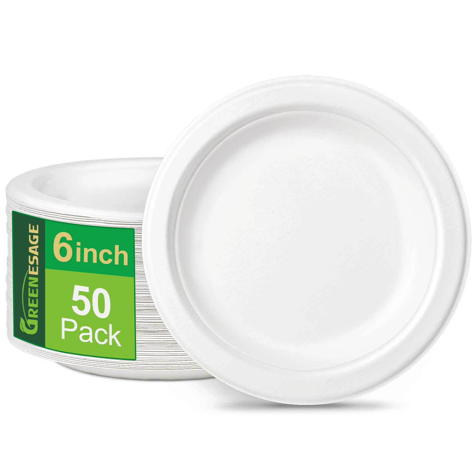 GREENESAGE Rigid 6 inch 50 Pack Disposable Paper White Plates Sugarcane and Compostable Strong Dishes for Picnic Wedding Party BBQ
