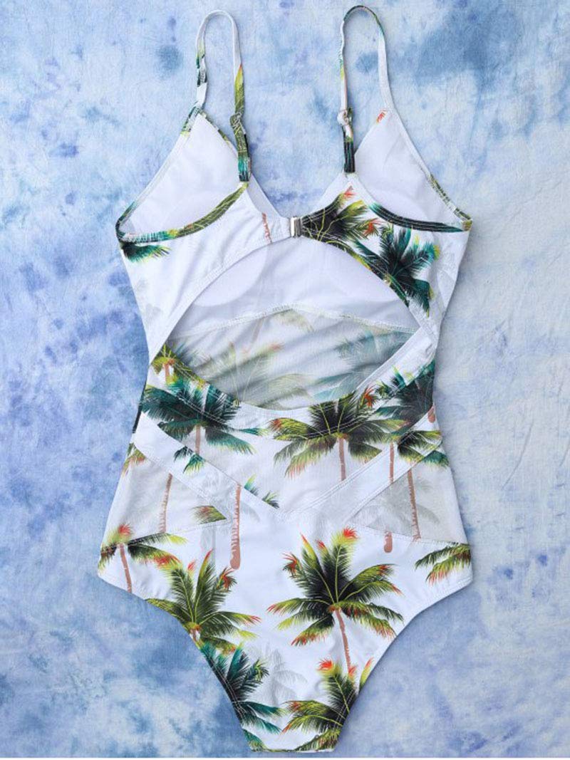IMIDO Womens Sexy V Neck Backless One Piece Swimsuit Coconut Palm Tree Print Swimwear (White, S)