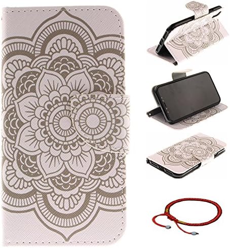 iPhone X Ultrathin PU Leather Flip Cover Pattern, GOCDLJ Cell Phone Case for iPhone X Cell Phone Slim Protective Case Anti Scratch Bumper Cover Wallet Fully Protective Build in Stand Function Folio Book Style with Knife Shape Magnetic Holder Cash Pocket ID Card Slots Pouch Soft Silicone Backcover Backside Shell Artificial Sleeve + Chinese Style Red Bracelets Design White Mandala Flower