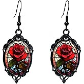 Gothic Rose Earrings for Women Crystal Glass Red Rose Flower Dangle Earrings Gothic Drop Earring Vintage Cameo Victorian Punk Style Halloween Accessories for Women