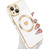 tharlet Magnetic for iPhone 13 Case [Compatible with Magsafe] Cute Love Heart Luxury Plating Gold Edge Bumper Case with Full Camera Lens for iPhone 13 Phone Case, White (6.1")