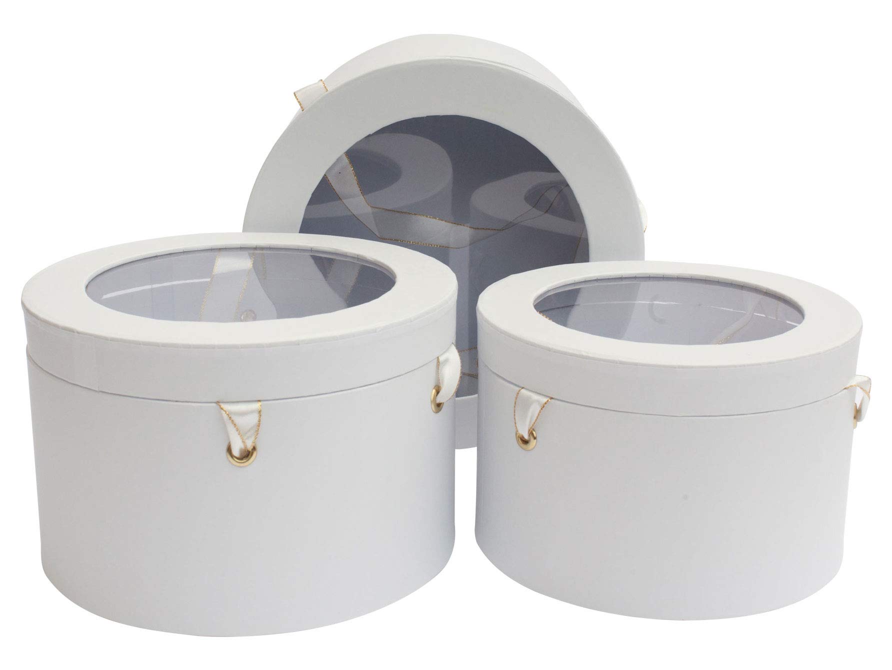 Emartbuy Set of 3 Rigid Flower Gift Box, White Print, Double Layer Interior and Satin Ribbon Handles