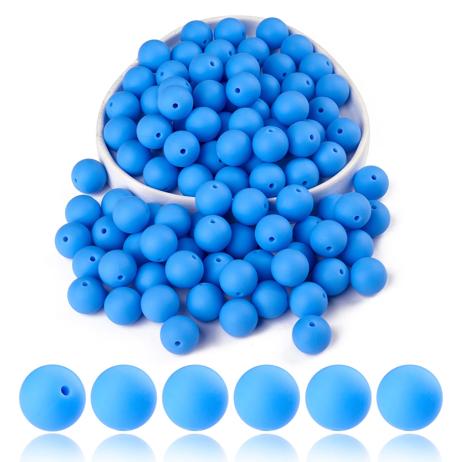 BEEFLYING 100 Pieces Silicone Beads 15mm Round Rubber Focal Bead Loose Spacer Beads for Keychain Making, Pen Bracelet Necklace Jewelry DIY Craft (Blue)