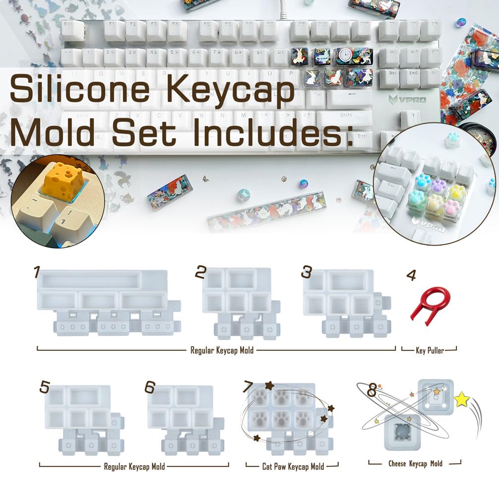 Keycaps Epoxy Resin Casting Molds Set for Mechanical Gaming Keyboard Polymer Clay Crafts 7 Silicone Trays with Key Puller
