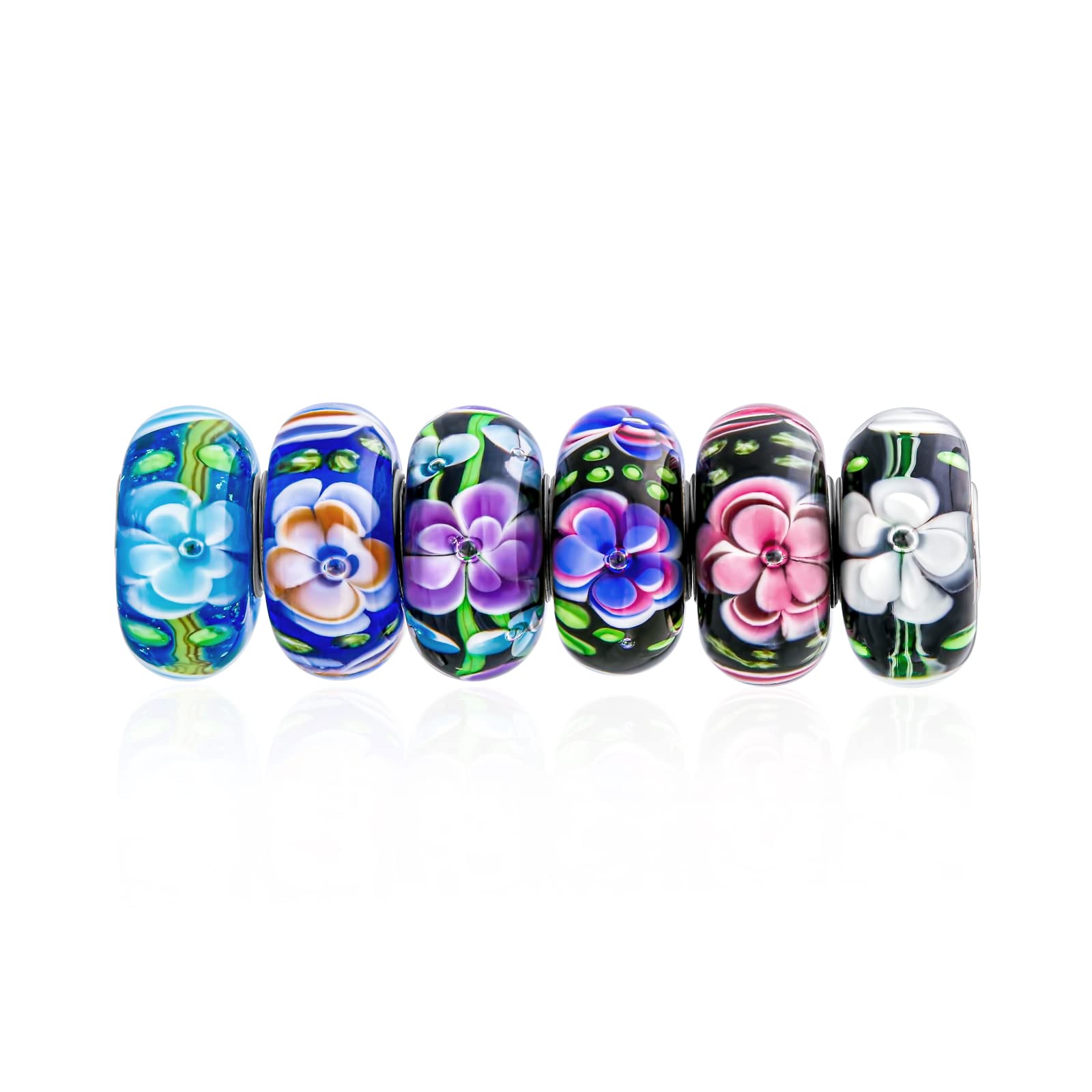 Romantic Mixed Set Of 6 Bundle .925 Sterling Silver Core Translucent Shades Of Black Purple Blue Pink Rose Vintage Style Floral Flower Murano Glass Charm Bead Spacer Fits European Bracelet For Women