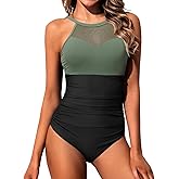 Daci Tummy Control One Piece Swimsuits - Women High Neck Mesh Bathing Suit Swimwear