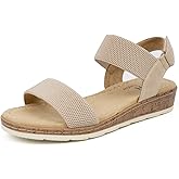 VJH confort Women’s Flat Sandals Open Toe Elastic Ankle Strap Slip on Comfy Low Wedge Sandals